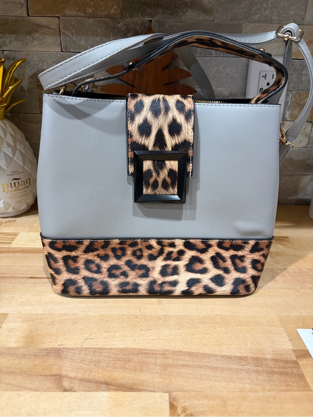 Gray and Leopard Print Womenโs Shoulder Bag